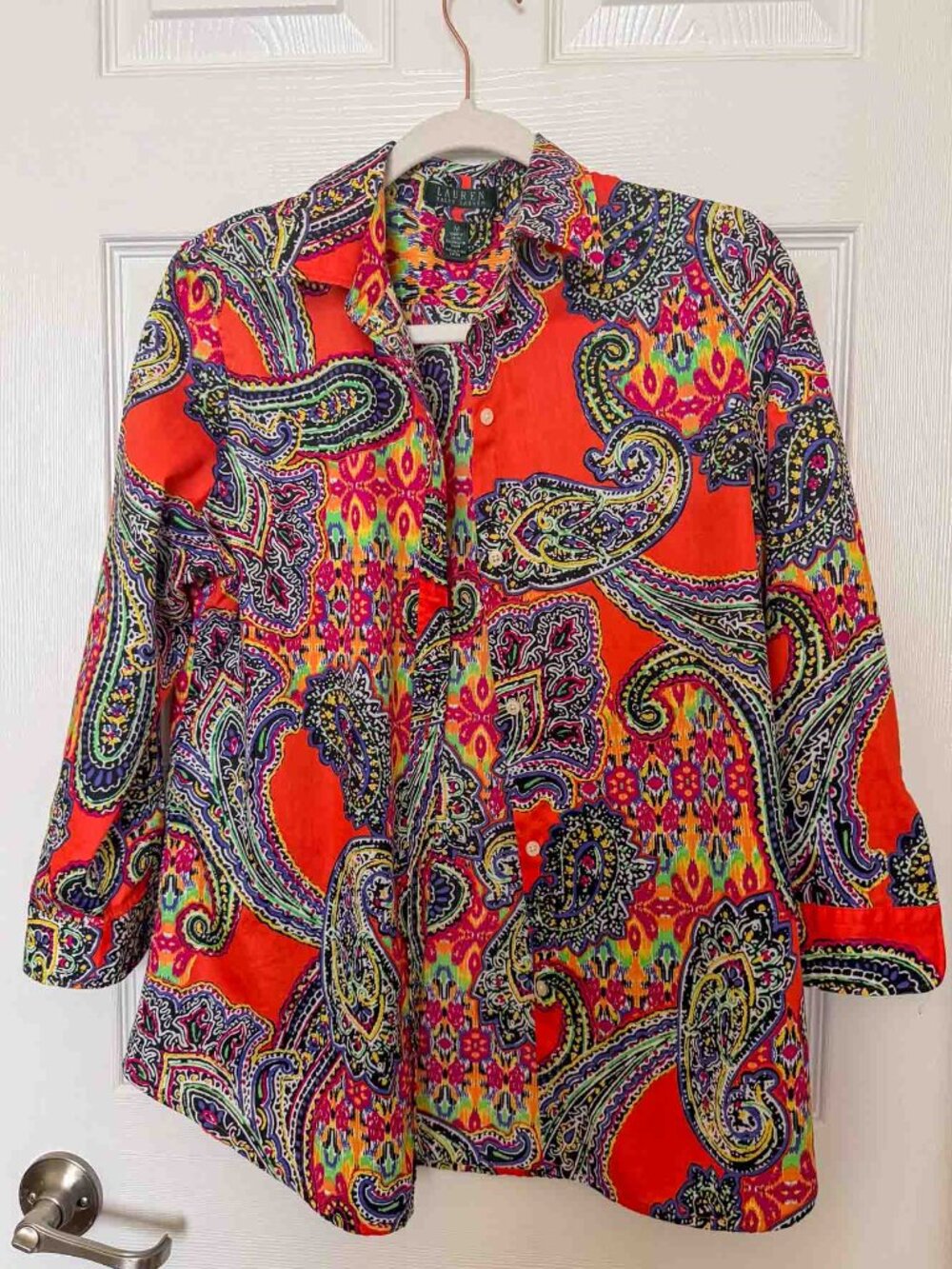Lauren Ralph Lauren Paisley Shirt Women’s M Orange Multicolor Cotton Button Up - Picture 3 of 15